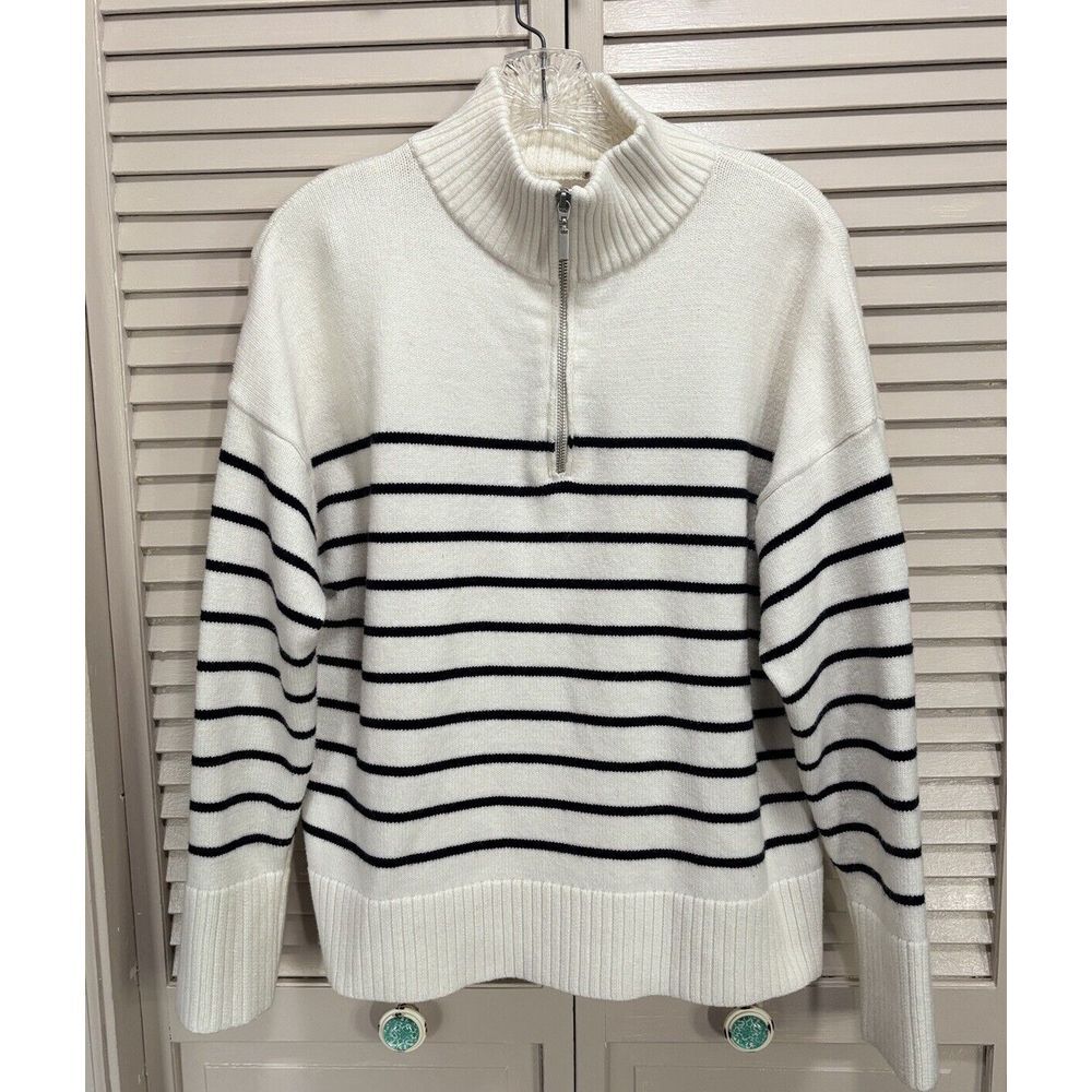 Cut Tag‎ Ivory/Black Striped 1/4 Zip Sweater Collared Neck Long Sl See Measure